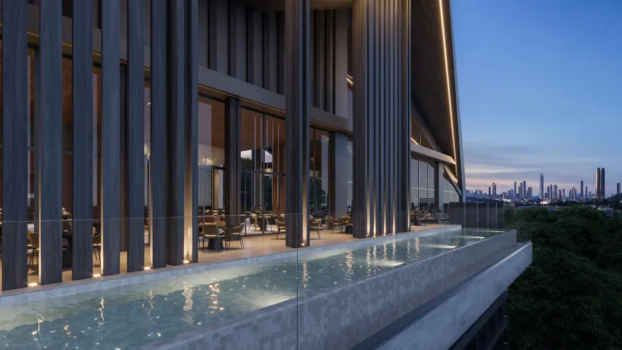 Piscina suspensa em balanço do rooftop
