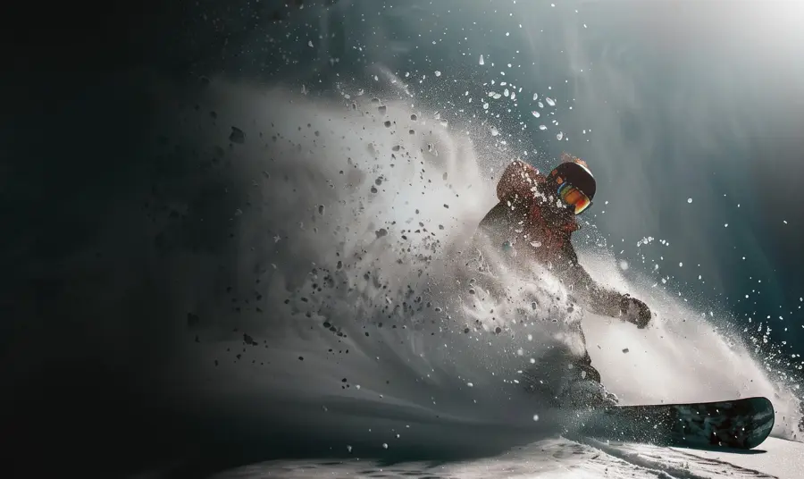 Snowboarder levanta neve em curva na pista indoor
